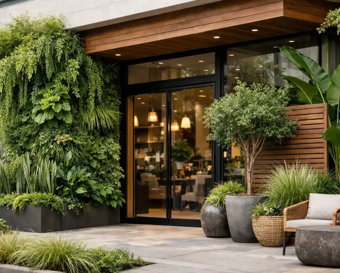 Fachadas comerciais com decoração natural