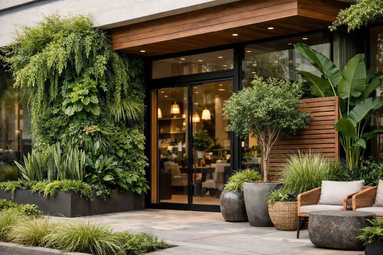 Fachadas comerciais com decoração natural